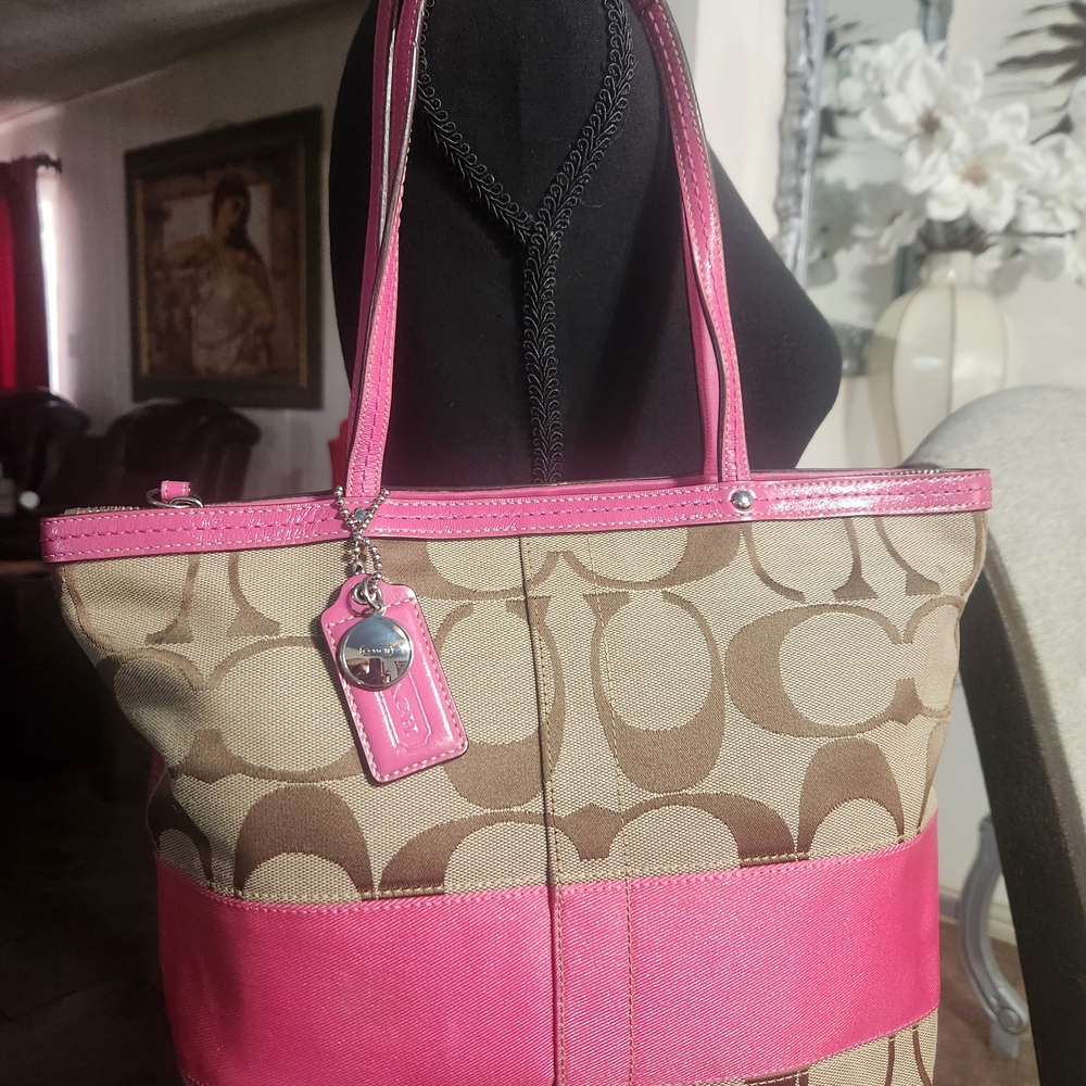 Coach Signature Canvas Tote with Pink Accents